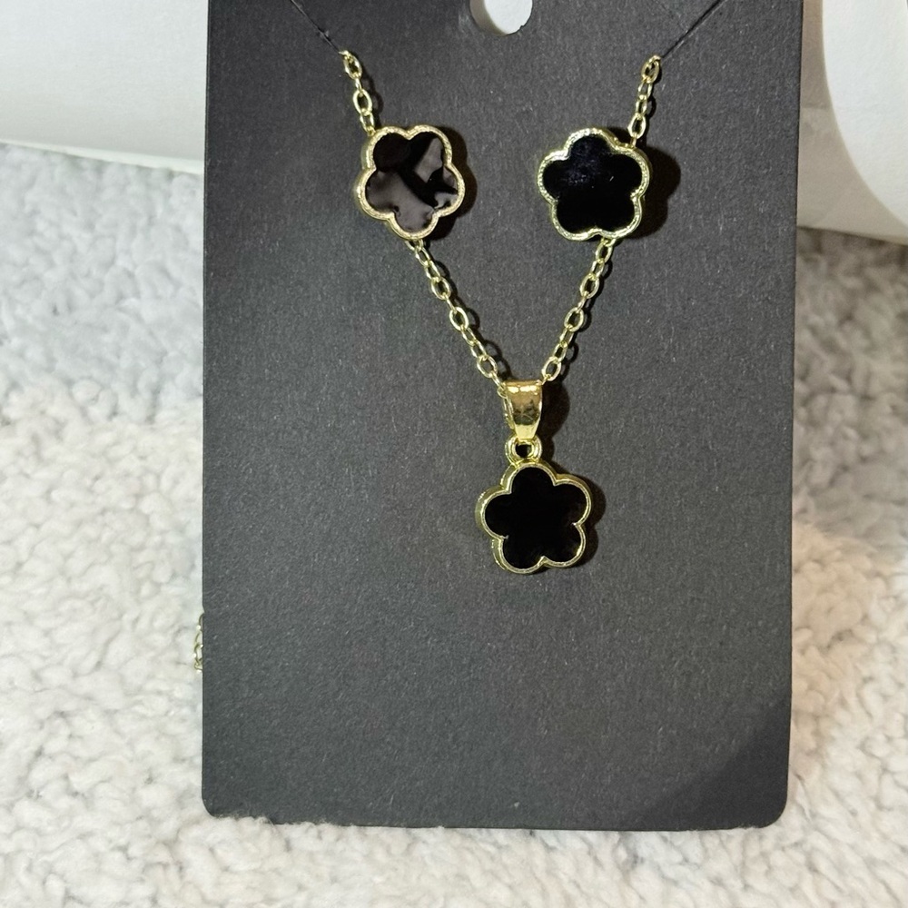 Women's Jewelry Set 5Pcs Clover 4 Leaves Gold and Onyx - - Picture 2 of 6